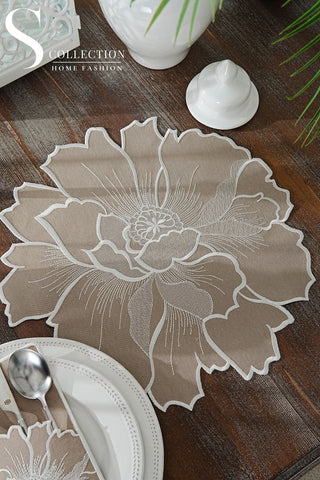 Eloise Cappuccino Embroidered Placemat Set, 12 Pieces for 6