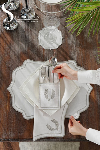 Laurel Wreath Silver Embroidered Placemat Set, 24 Pieces for 6