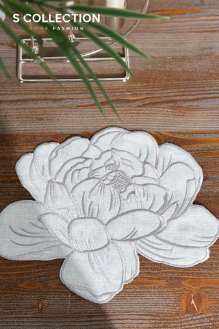 Charlotte Design Tray Cover - %100 Linen Fabric - Silver Embroidered