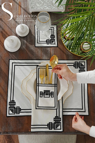 Pyramid Black Embroidered Placemat Set, 24 Pieces for 6