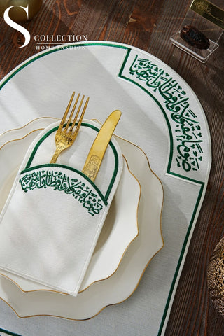 Ramadan Noor Green & Off White Embroidered Placemat Set, 12 Pieces for 6