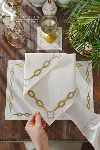 Cadena Gold & Silver Embroidered Placemat Set, 24 Pieces for 6