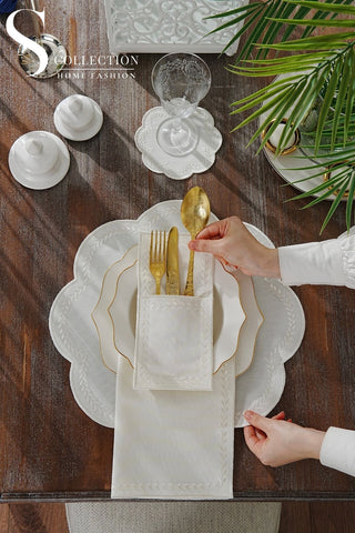 Leafy Allure Off White Embroidered Placemat Set, 24 Pieces for 6