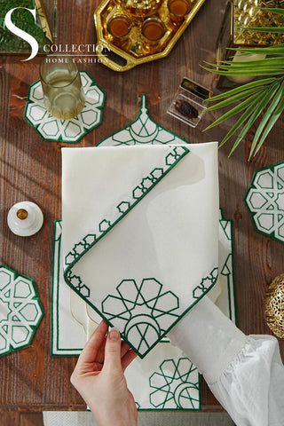 Ramadan Dome Green & Off White Embroidered Placemat Set, 24 Pieces for 6