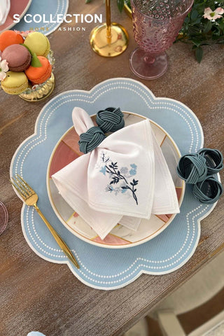 Floria Light Blue Embroidered Placemat Set, 18 Pieces for 6