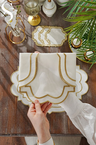 Clara Gold Embroidered Placemat Set, 24 Pieces for 6
