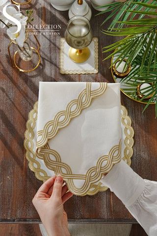 Ocean Braid Gold Embroidered Placemat Set, 24 Pieces for 6