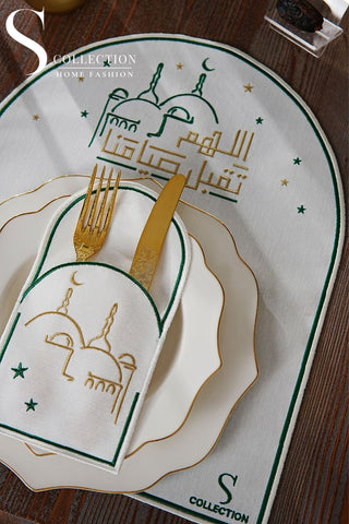 Ramadan Qabool Green & Gold Embroidered Placemat Set, 12 Pieces for 6