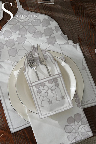 Ramadan Dome Silver Embroidered Placemat Set, 24 Pieces for 6