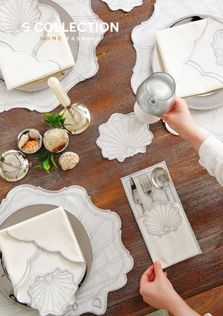 Marine Silver Embroidered Placemat Set, 24 Pieces for 6