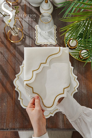 Camila Gold & Off White Embroidered Placemat Set, 24 Pieces for 6