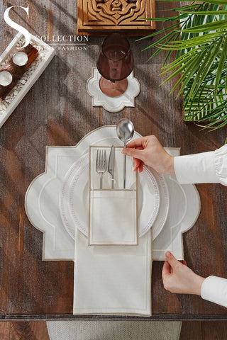 Milan Off White & Cappuccino Embroidered Placemat Set, 24 Pieces for 6