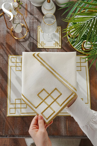 Classy Gold Embroidered Placemat Set, 24 Pieces for 6