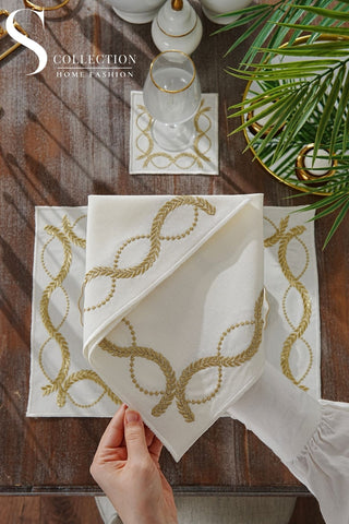 Olive Branch Gold Embroidered Placemat Set, 24 Pieces for 6