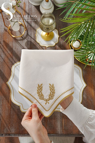Laurel Wreath Gold Embroidered Placemat Set, 24 Pieces for 6