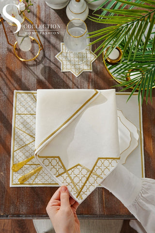 Rimal Gold Embroidered Placemat Set, 18 Pieces for 6