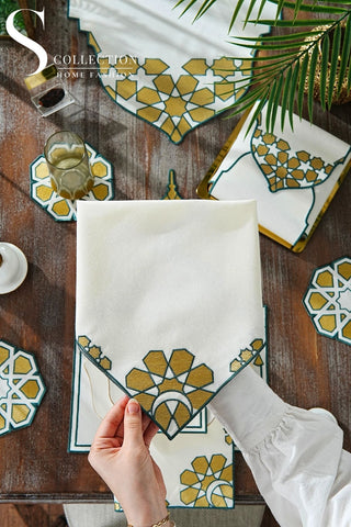 Ramadan Dome Green & Gold Embroidered Full Placemat Set, 26 Pieces for 6