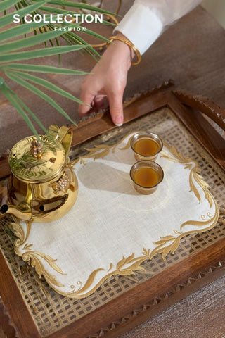 Tulip Design Tray Cover - %100 Linen Fabric - Gold Embroidered