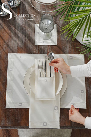 Tuscan Off White & Silver Embroidered Placemat Set, 24 Pieces for 6