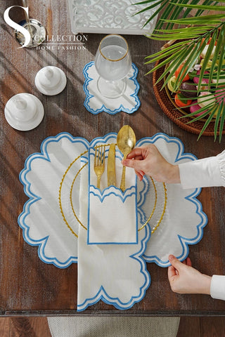 Cloud Light Blue Embroidered Placemat Set, 24 Pieces for 6