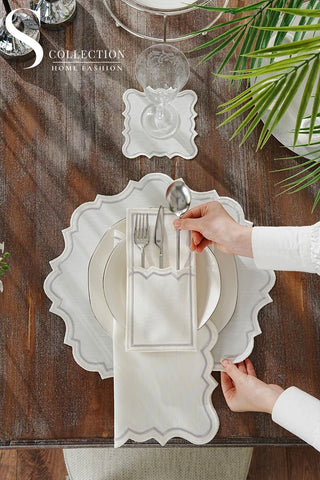 Camila Silver & Off White Embroidered Placemat Set, 24 Pieces for 6 – S COLLECTION – image 3