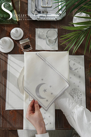 Ramadan Glamorous Silver Embroidered Placemat Set, 24 Pieces for 6