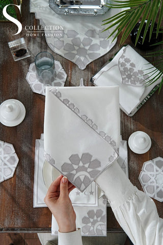 Ramadan Dome Silver Embroidered Full Placemat Set, 26 Pieces for 6