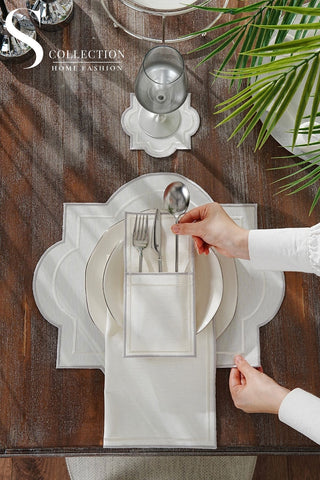 Milan Silver & Off White Embroidered Placemat Set, 24 Pieces for 6