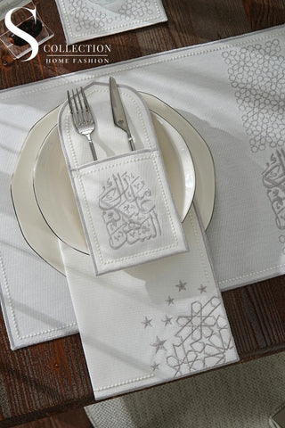 Ramadan Chic Silver Embroidered Placemat Set, 24 Pieces for 6