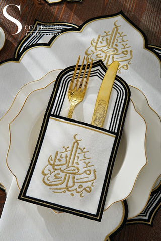 Ramadan Najma Black & Gold Embroidered Placemat Set, 12 Pieces for 6
