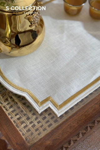 Graceful Design Tray Cover - %100 Linen Fabric - Gold Embroidered