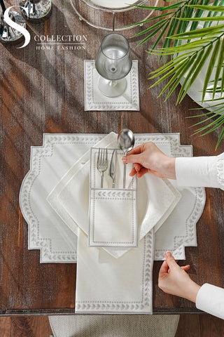 Donna Wreath Silver Embroidered Placemat Set, 24 Pieces for 6