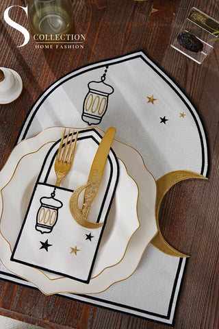 Ramadan Qamar Black & Gold Embroidered Placemat Set, 12 Pieces for 6