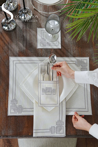 Pyramid Silver Embroidered Placemat Set, 24 Pieces for 6