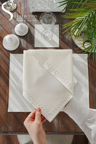 Leafy Allure Cornered Off White Embroidered Placemat Set, 24 Pieces for 6