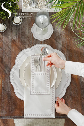 Leafy Allure Silver Embroidered Placemat Set, 24 Pieces for 6