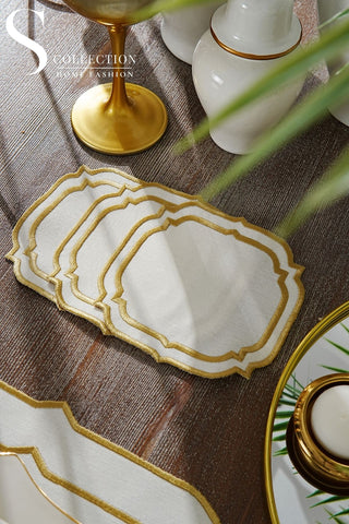 Amelia Gold Embroidered Placemat Set, 24 Pieces for 6