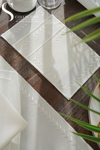 Leafy Allure Cornered Off White Embroidered Placemat Set, 24 Pieces for 6