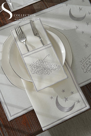 Ramadan Stellar Serenity Silver Embroidered Placemat Set, 24 Pieces for 6
