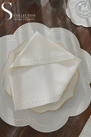 Leafy Allure Off White Embroidered Placemat Set, 24 Pieces for 6