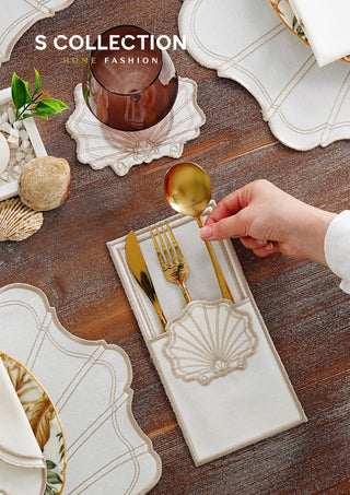 Marine Cappuccino Embroidered Placemat Set, 24 Pieces for 6