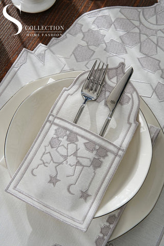 Ramadan Dome Silver Embroidered Placemat Set, 24 Pieces for 6