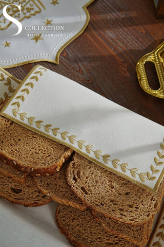 Leafy Allure Design Bread Basket Napkin - Waterproof Fabric - Gold Embroidered