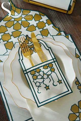Ramadan Dome Green & Gold Embroidered Full Placemat Set, 26 Pieces for 6