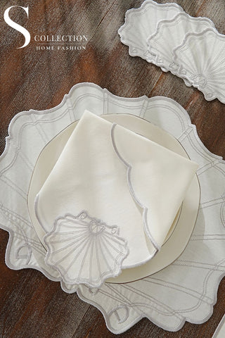 Marine Silver Embroidered Placemat Set, 24 Pieces for 6