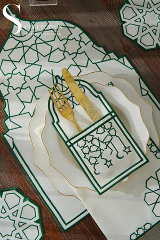 Ramadan Dome Green & Off White Embroidered Placemat Set, 24 Pieces for 6