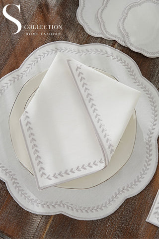 Leafy Allure Silver Embroidered Placemat Set, 24 Pieces for 6
