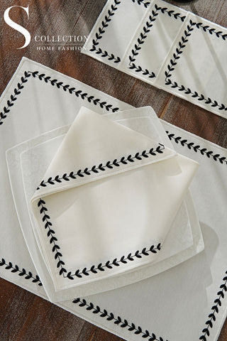 Leafy Allure Cornered Black Embroidered Placemat Set, 24 Pieces for 6