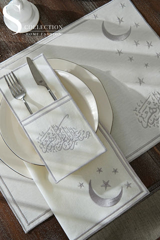 Ramadan Stellar Serenity Silver Embroidered Full Placemat Set, 26 Pieces for 6