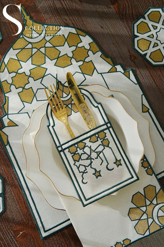 طقم مفارش سفرة قبة رمضان مطرّز بالأخضر والذهبي – 24 قطعة لـ 6 أشخاص